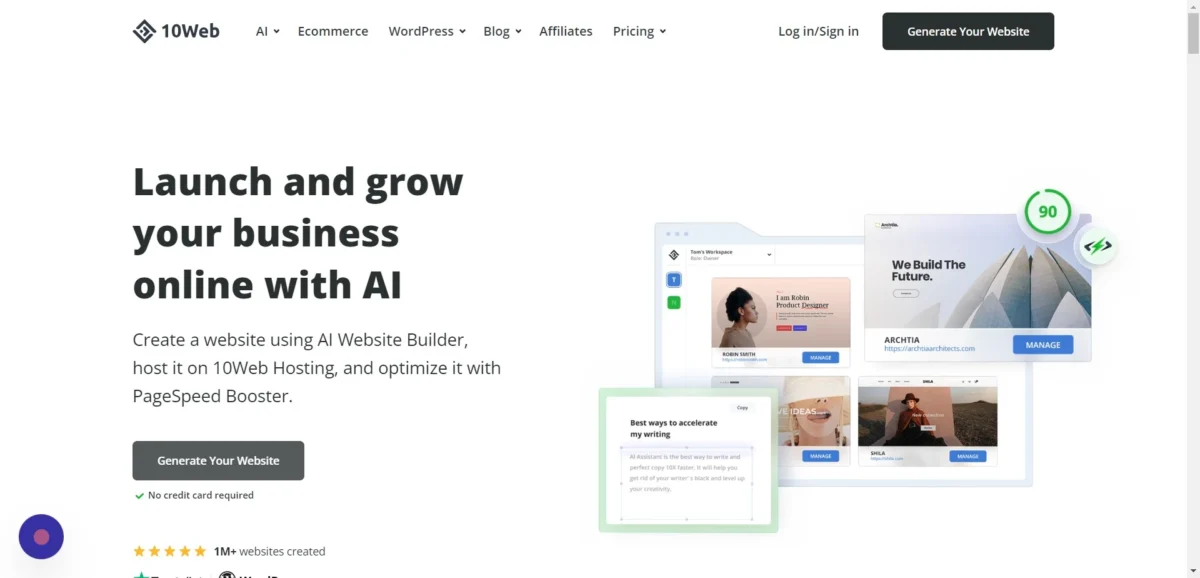 Screenshot of the 10Web AI tool homepage, the starting point of website generation