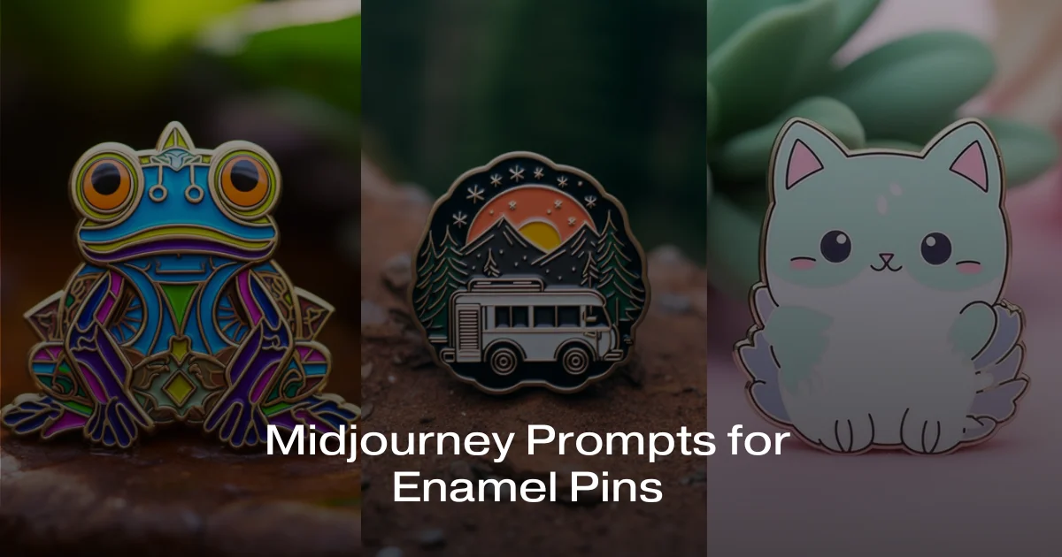 image showcasing enamel pin made with midjourney ai with text midjourney promtps for enamel pins