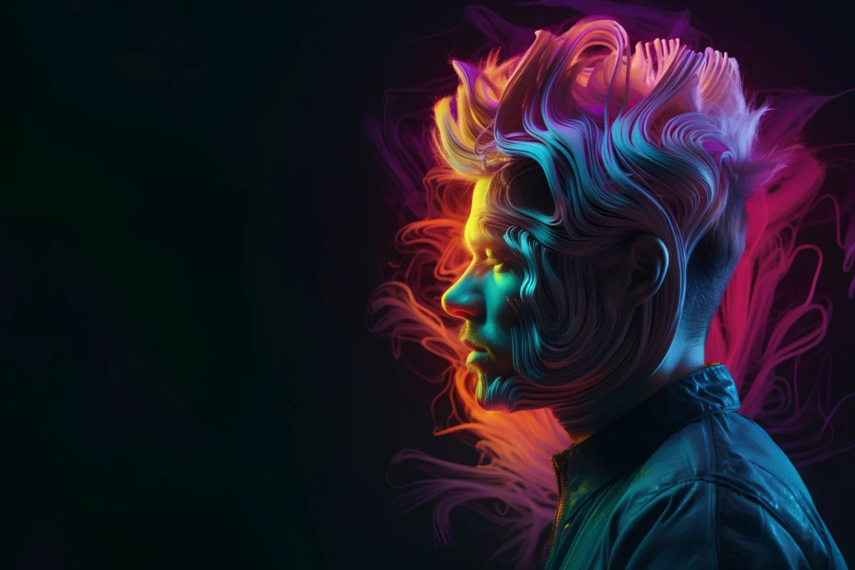 young man with neon colored hair in the shape of a face dhizign graphic design website hero image