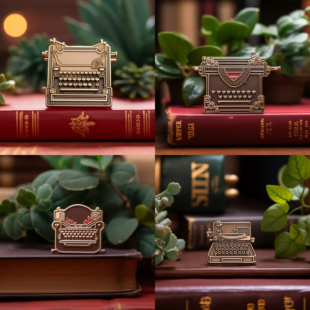 vintage-inspired typewriter enamel pins generated with midjourney Ai