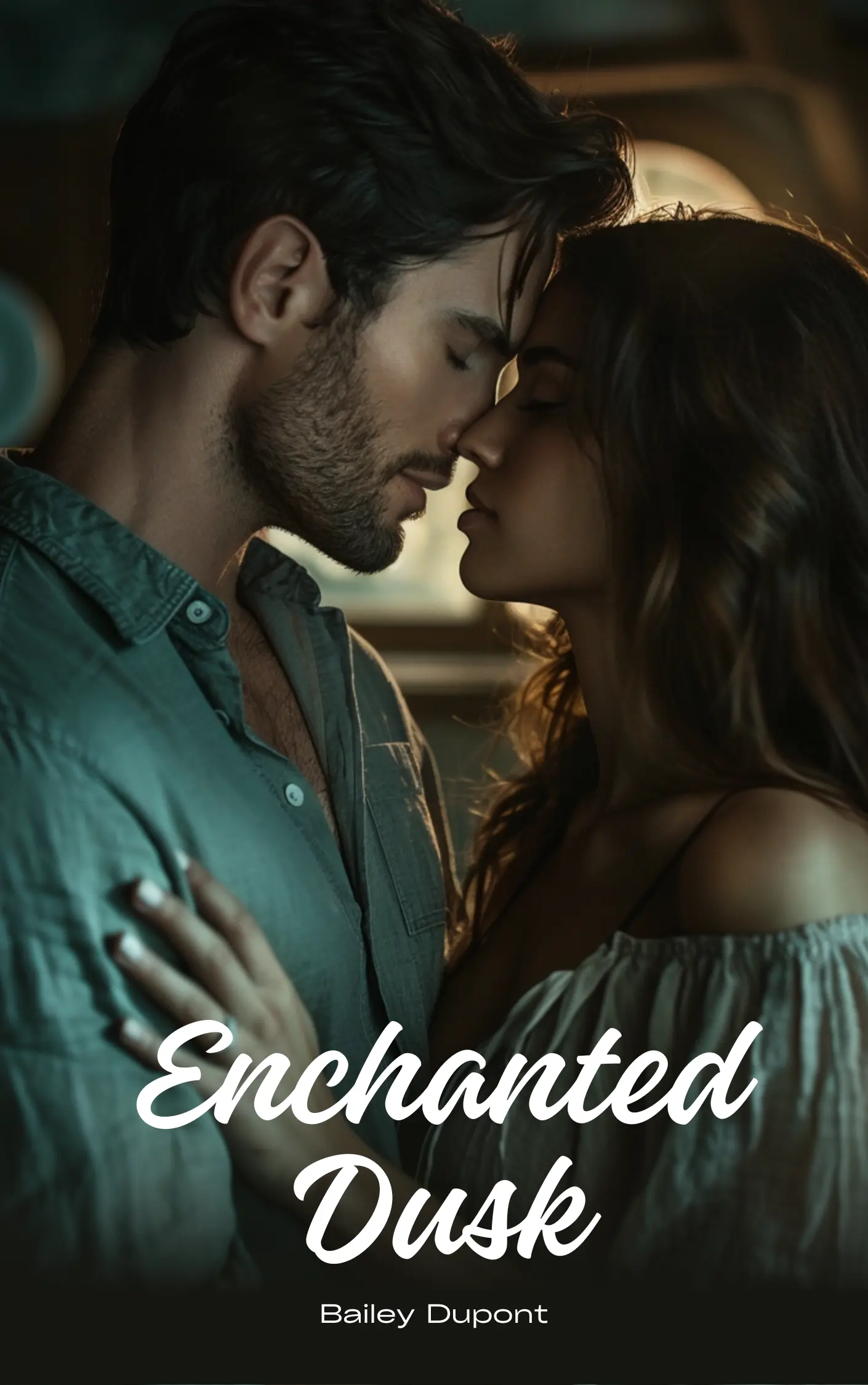 Romantic couple embraced in dim lighting, capturing love in moody atmosphere book cover design using ai