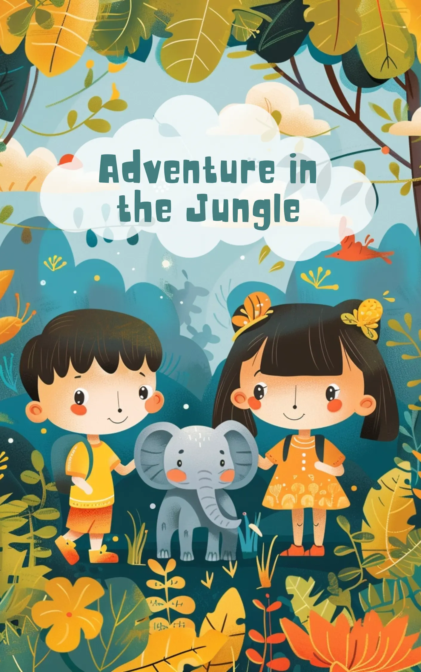 ai generated Illustration of Ellie the Elephant, Lily, and Leo exploring the jungle together.