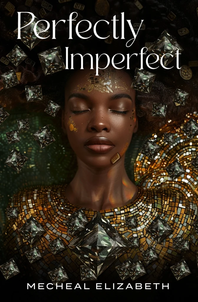 Ai generated book cover design of Illustration of a stunning woman with mosaic-patterned hair, symbolizing life's diverse pieces, against a black and golden background