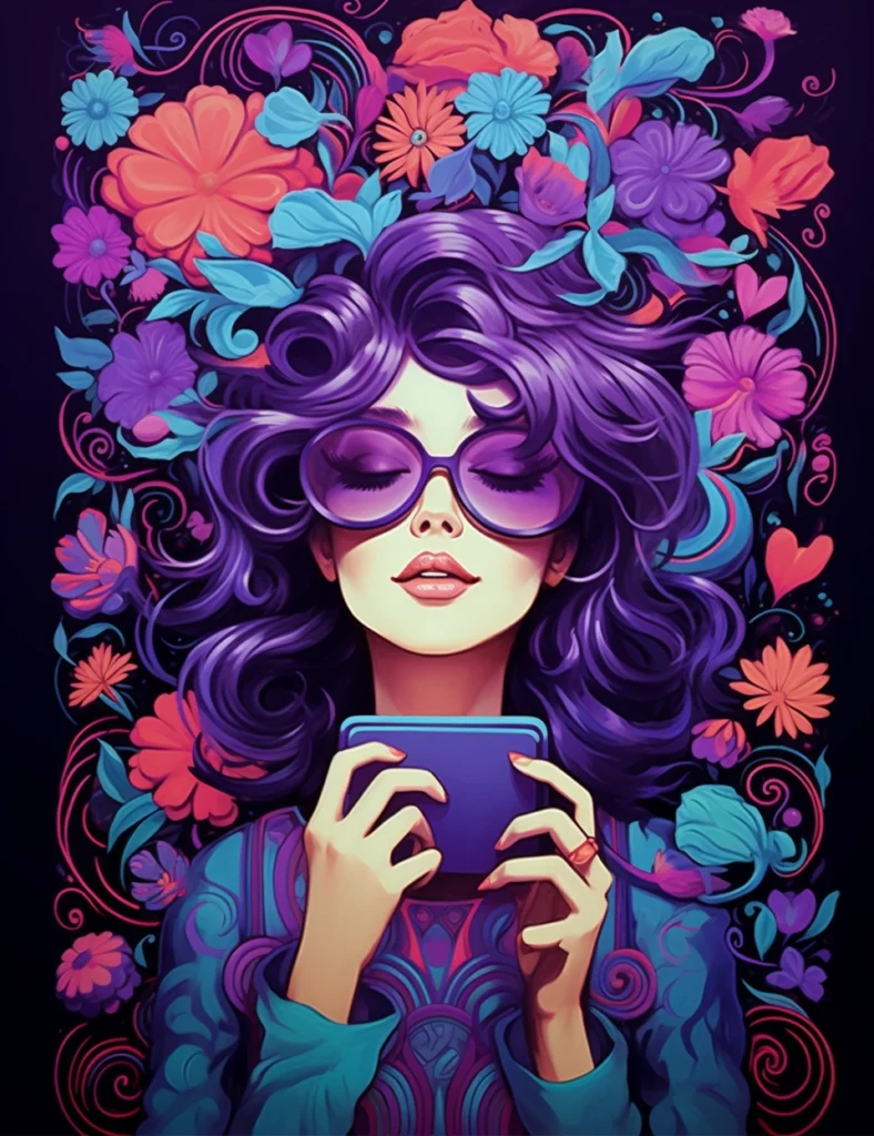 colorful whimsical swirly style book cover design featuring a girl with glasses and book in her hand with floral elements around her