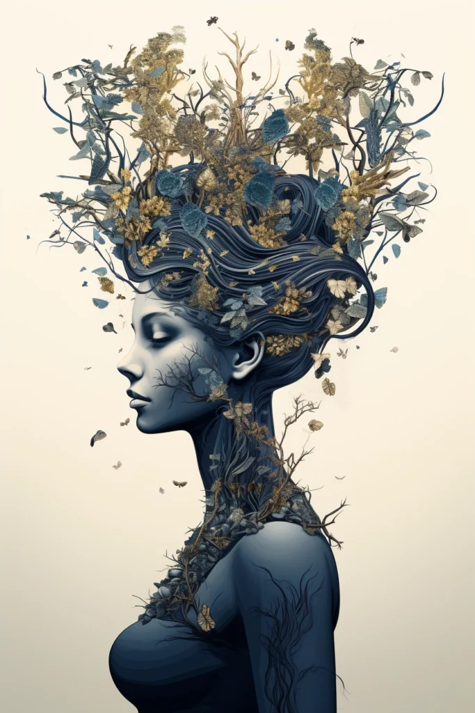 beautiful manipulation of a side faced girl merged with tree and elements book cover image