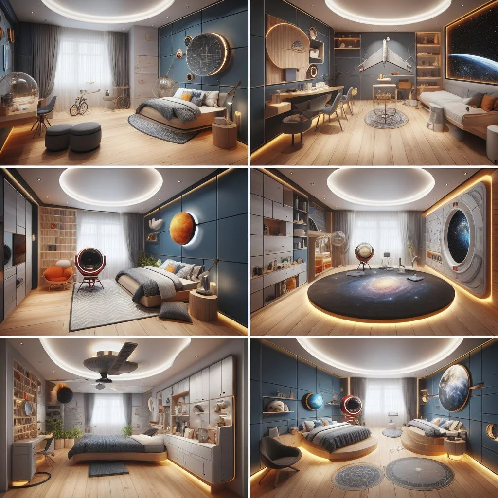 Variety of bedroom furniture layouts inspired by space exploration theme, ai generated with dall-e.
