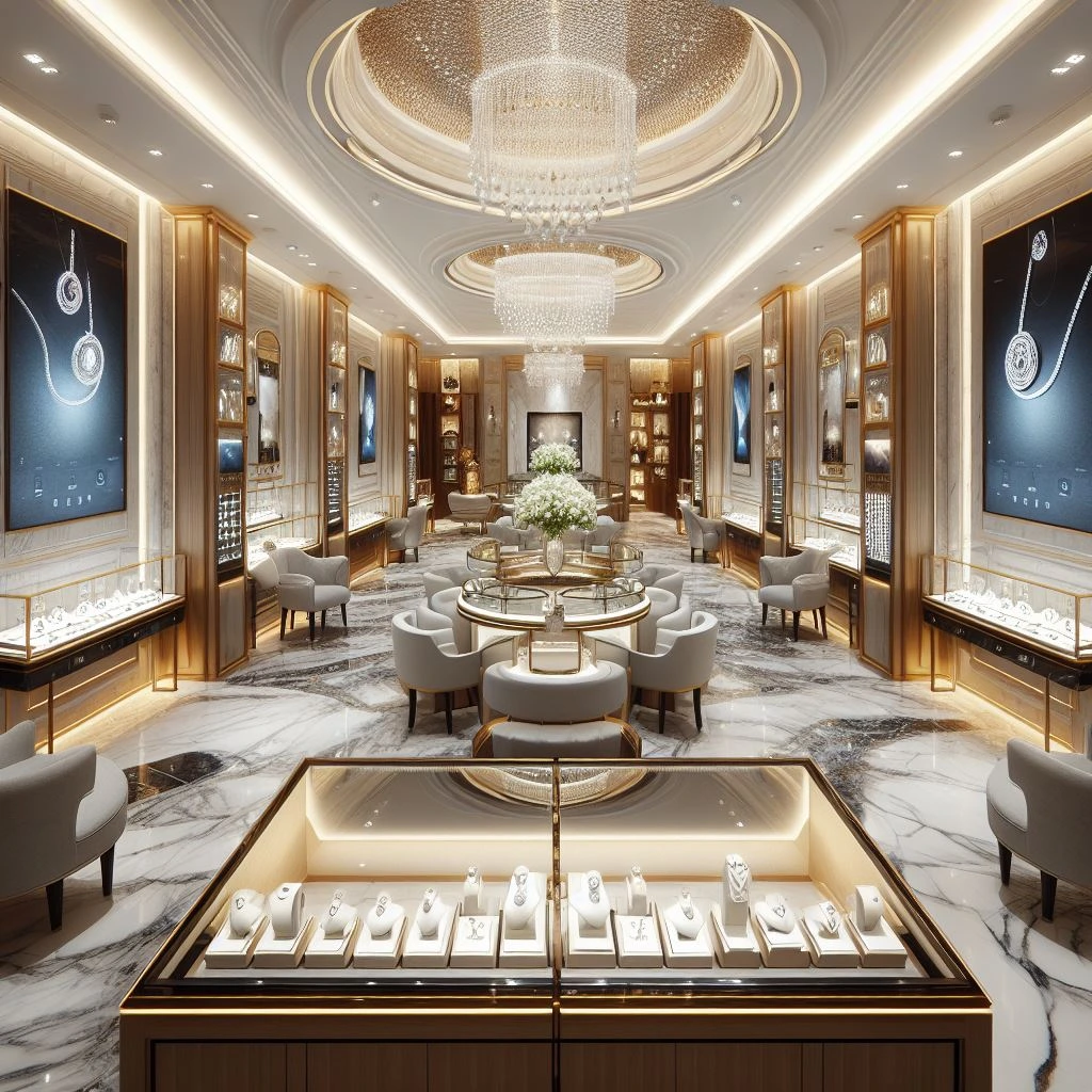 ai generated dall-e prompts for interior design of a luxurious jewelry showroom, organized layout, high quality materials, marble flooring, glass showcases, elegant furnishings, spot lights,  digital displays, 
