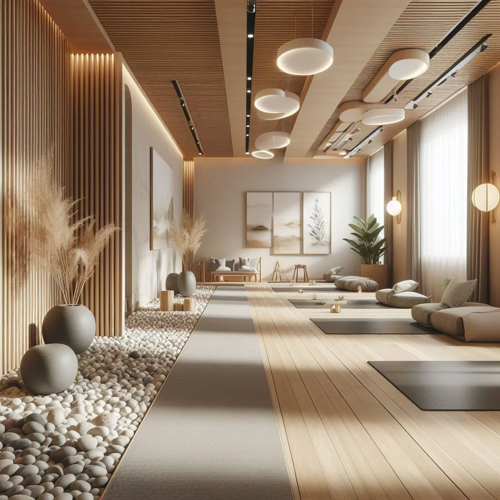Interior design of a yoga studio with bamboo flooring, neutral colors, minimalist decor, and soft lighting created using ai dall-e