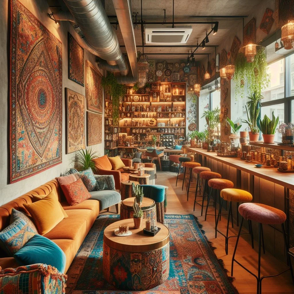 ai generated Interior design of a coffee shop with eclectic style, colorful textiles, vintage decor, and warm lighting. dall-e