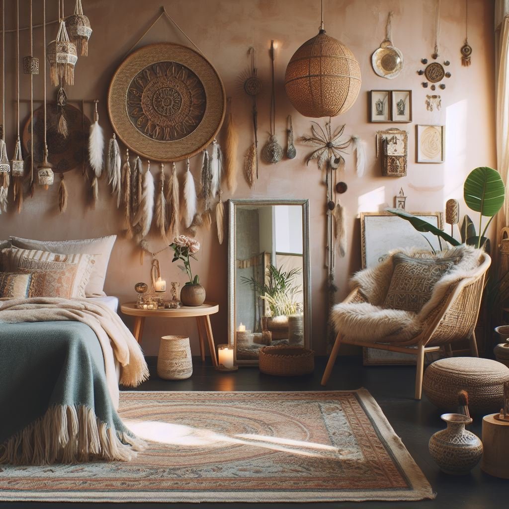INTERIOR DESIGN OF A BEDROOM IN BOHO CHICK STYLE, GENERATED WITH AI TOOL DALL E 3