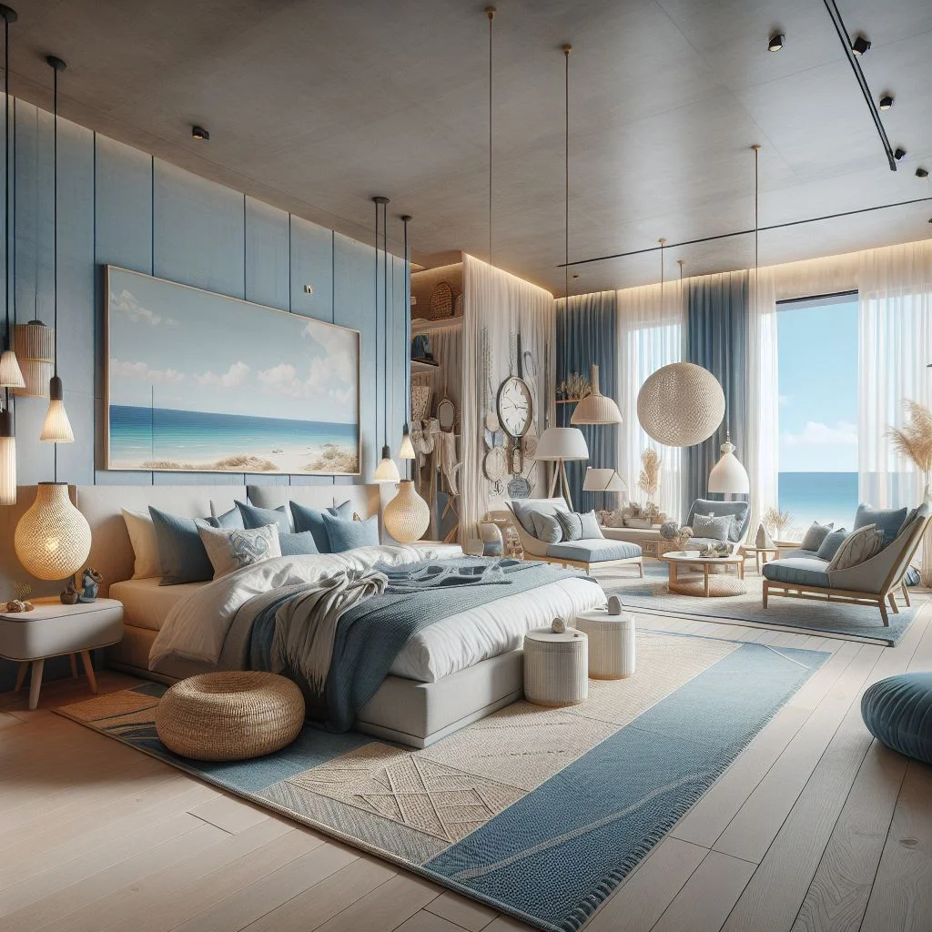 dall-e ai generated Interior design of a large beach-inspired bedroom with minimalist furniture and shades of blue color palette.