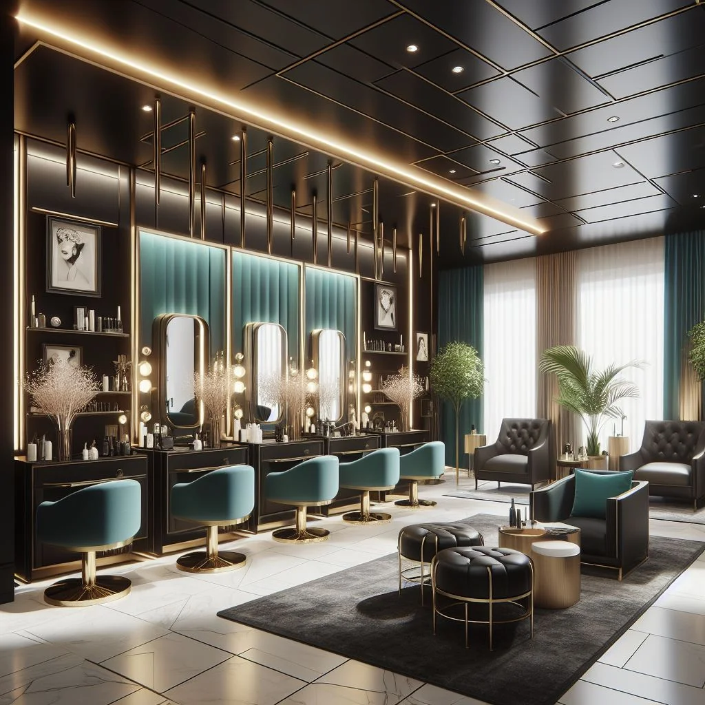 Ai generated with Dall-e Interior design of a ladies salon with luxury and glamorous style, minimalist shelves, and black, teal, and gold color palette