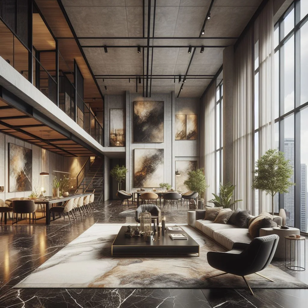ai generated with dall-e Interior design of a luxury urban loft living space with marble floors, high ceiling, comfortable furniture, and dark, rich colors.