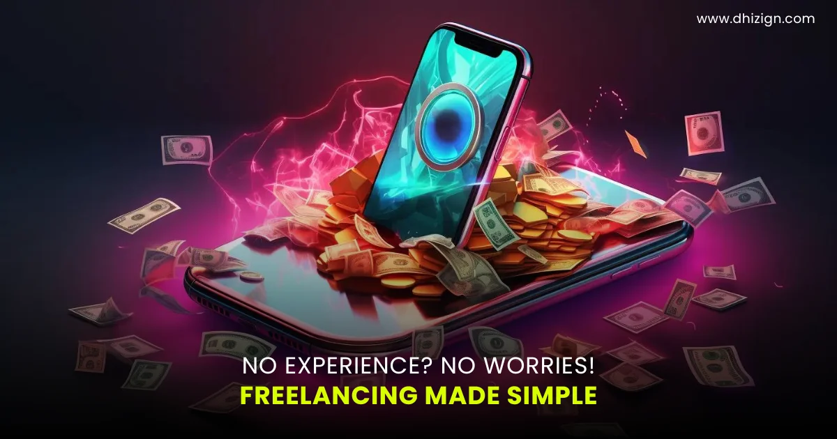 ai generated image of a mobile phone with money and gold coins, colorful theme with text on it no experience no worries freelancing made simple- start freelancing career