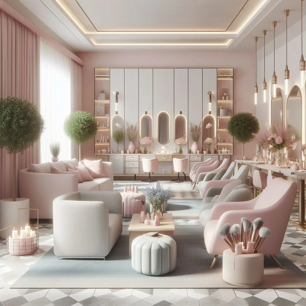 Interior design of a ladies salon with Scandinavian style, soft pastel colors, minimalist storage, and comfortable seating- ai generated with Dall-e