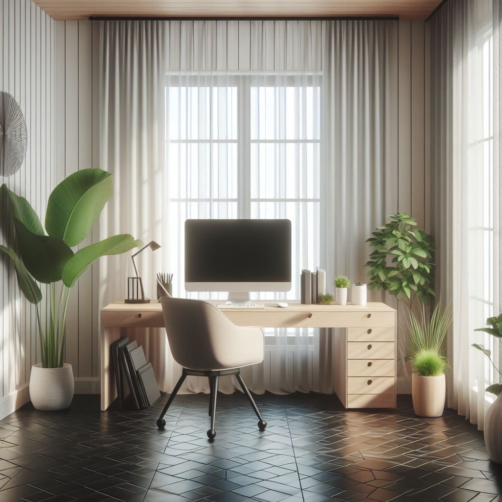 ai generated image of small office interior design in minimalist style, using shades of white and grey tones. Minimalist and clean office desk furniture with a computer on it with dall-e