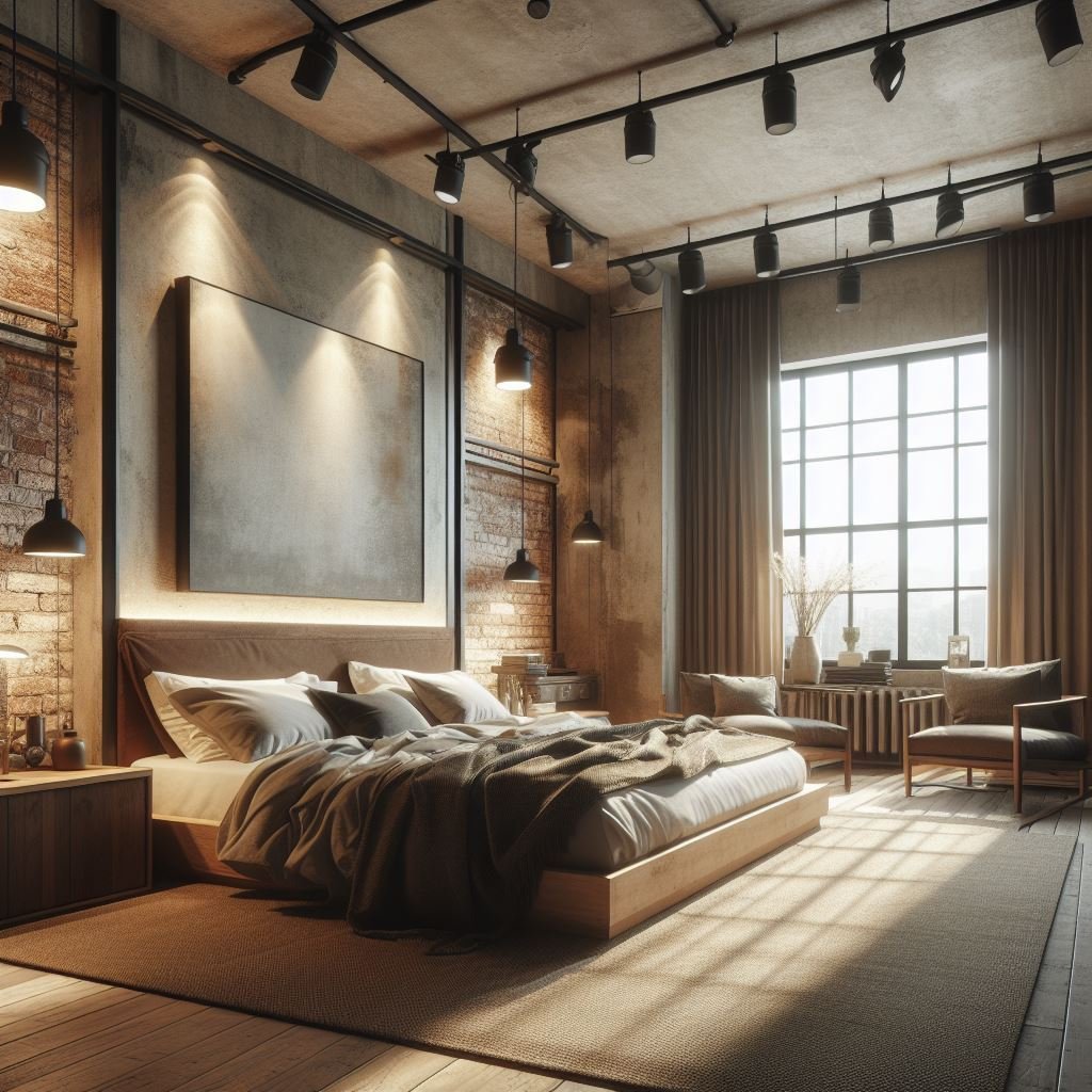 ai generated image of interior design of a big bed room in industrial theme, use natural materials like exposed bricks, uncluttered design, earthy color tones, track lighting, caputirng textures of natural elements,  with ai tool dall e