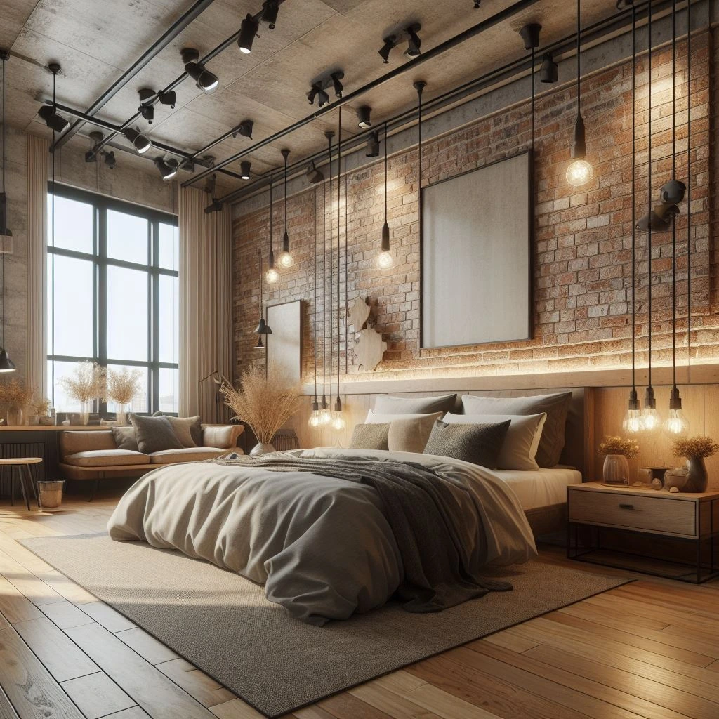 ai generated interior design of a big bed room in industrial theme dall e 2