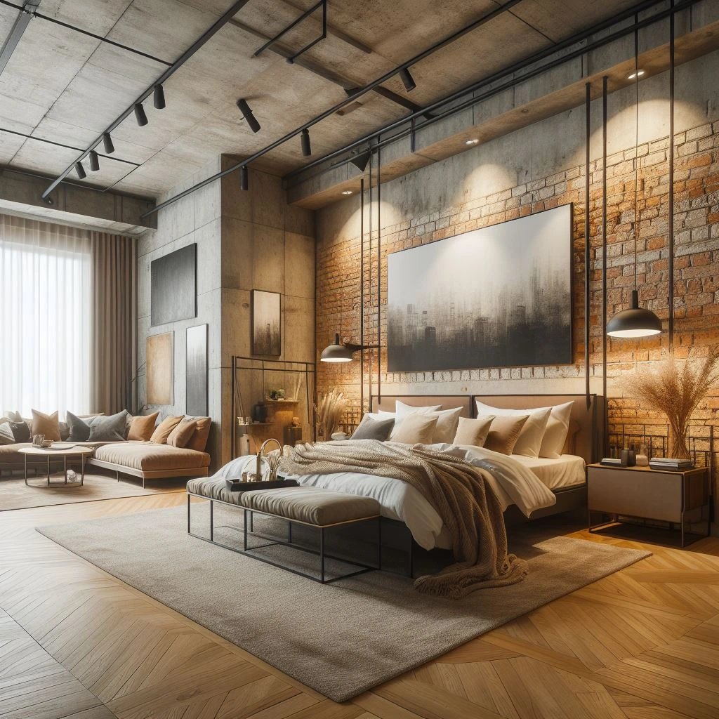 ai generated interior design of a big bed room in industrial theme dall e 3