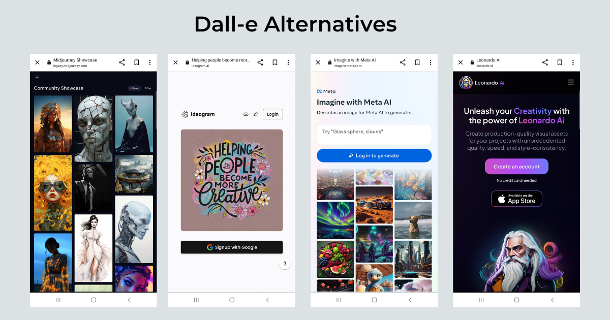 screenshots of ai image genrating tools alteratives of dall-e ai