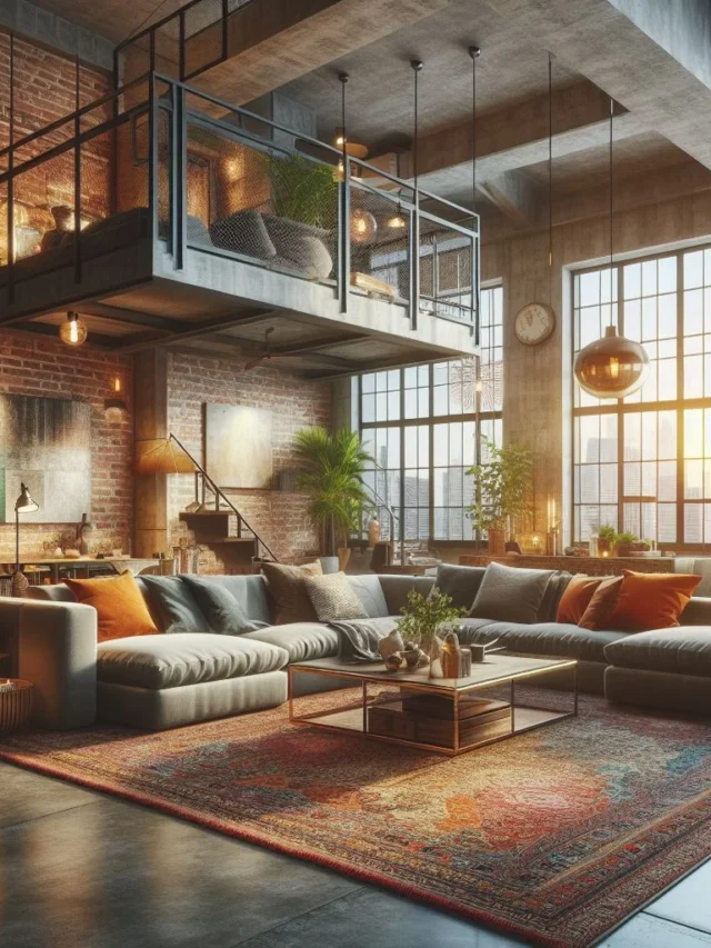 dall-e ai generated Interior design of an urban loft living space with concrete floors, exposed brick wall, modern furniture, vintage decor, and natural lighting.
