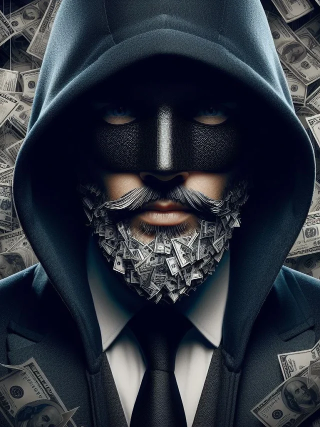 Ai generated image with dall e of a handsome man waering black hooding, money is surrounded in background of him