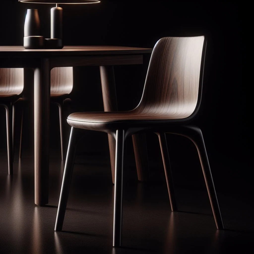 Ai generated image with dall-e Closeup shot of minimalist dining chair with dark walnut finish on black background