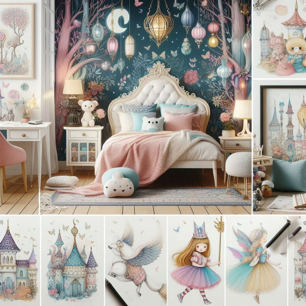 Detailed moodboard showcasing interior design elements inspired by Whimsical Wonderland for kids' bedroom, created with dall-e ai