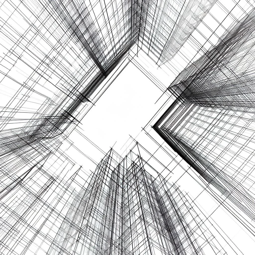 ai generated with dall-e, Abstract architectural drawing featuring geometric shapes and lines on a plain white background
