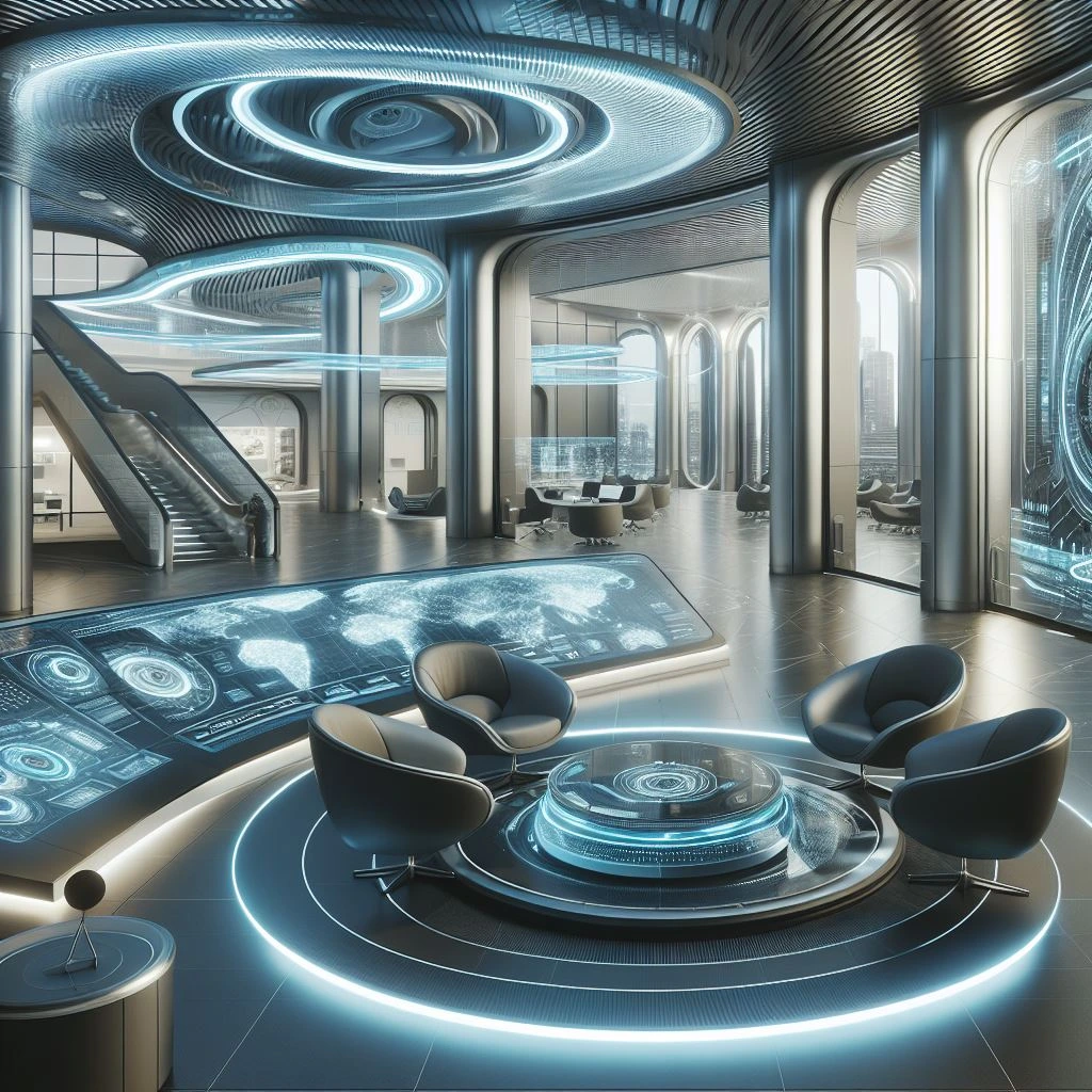 futuristic style interior design of tech company office, innovative curved furnitures using ai prompts and ai tool dall e