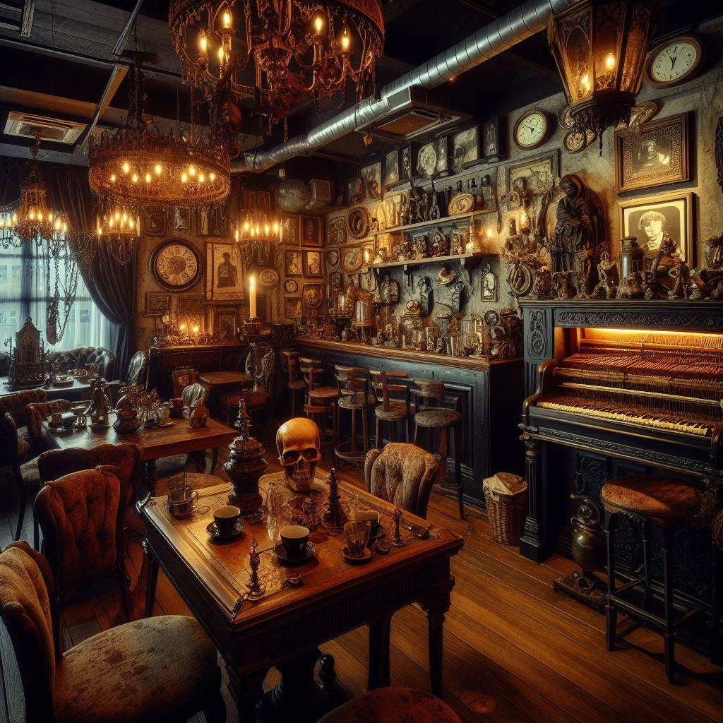 interior design of a cafe, inspired with horror theme, creepy artifacts, antique furnitures inspired with horror theme, spooky and moody atmosphere.