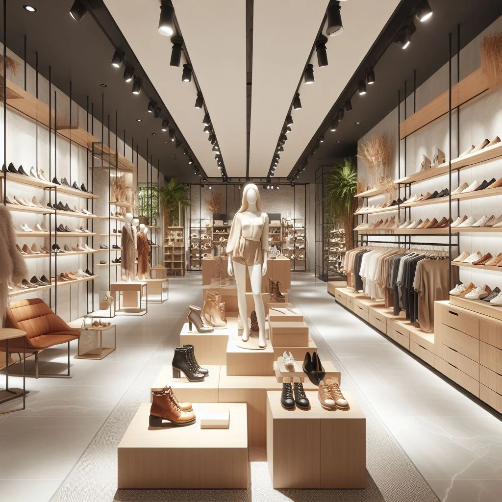 ai dall e prompts for interior design of a shoe store with clear pathways, uncluttered shelves and display racks, attention grabbing manniquins, natural backdrops using accent color tones, ambient lighting,