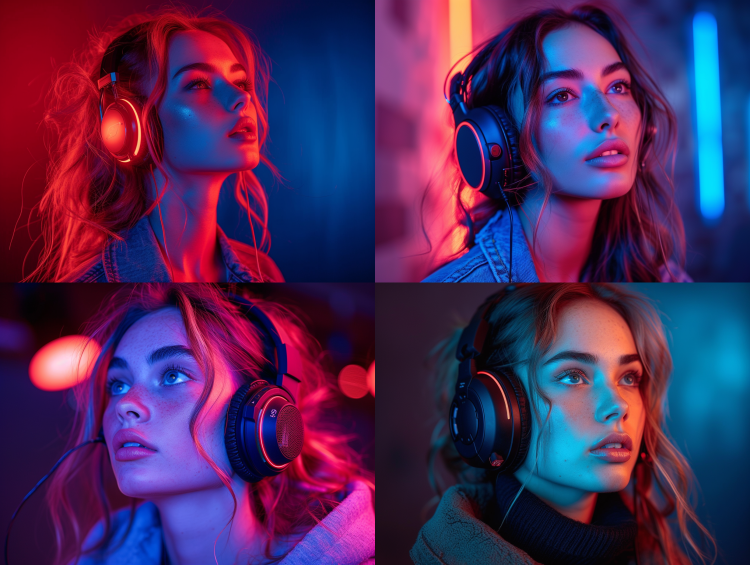 American woman wearing headphones, look to the side, minimal black light half body ethereal serene charybdis heliocentric, solid background , abstract editorial album cover shot with nikon