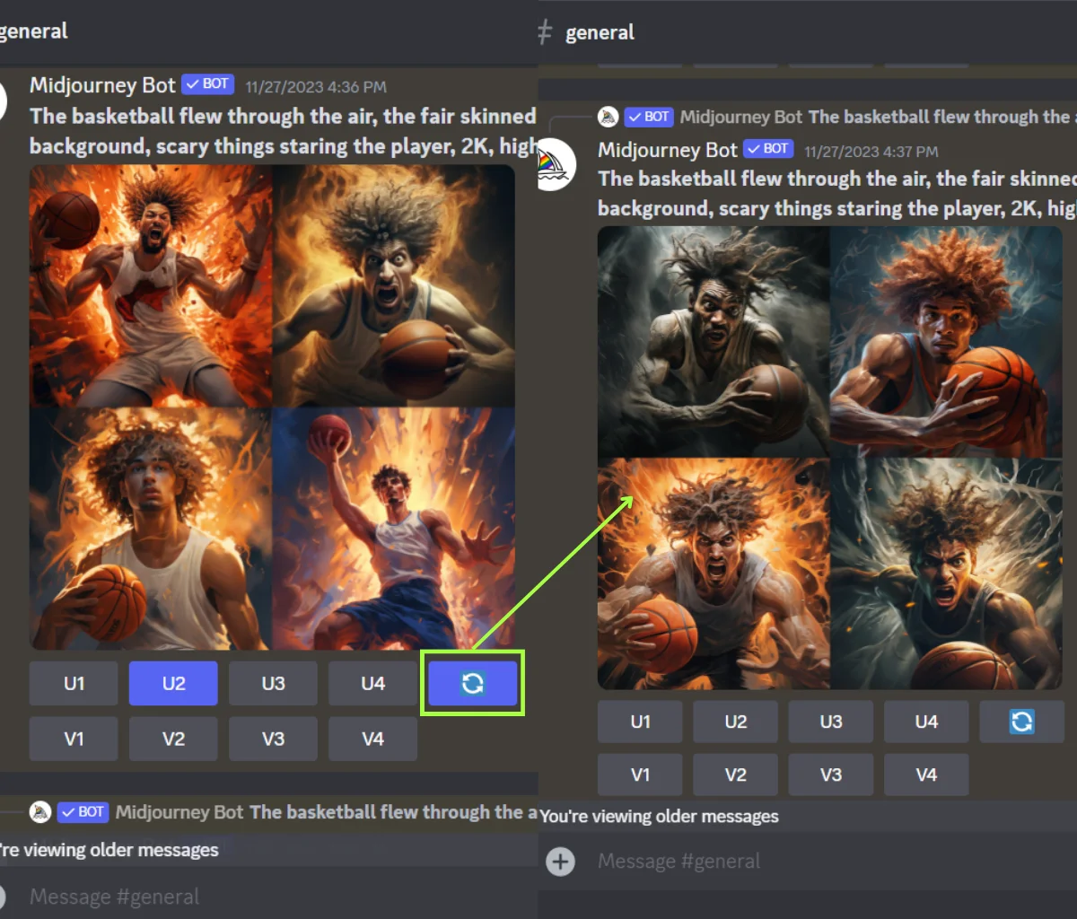 discord sever mijdourney  v6 interface, showing re roll or re generate command 