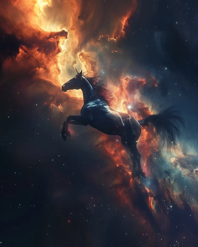 a magical horse passing out through the nebula with lighting, neon, futuristic, bright light, eye catching colors, hyper realistic, ultra high detailed, uhd, magical,