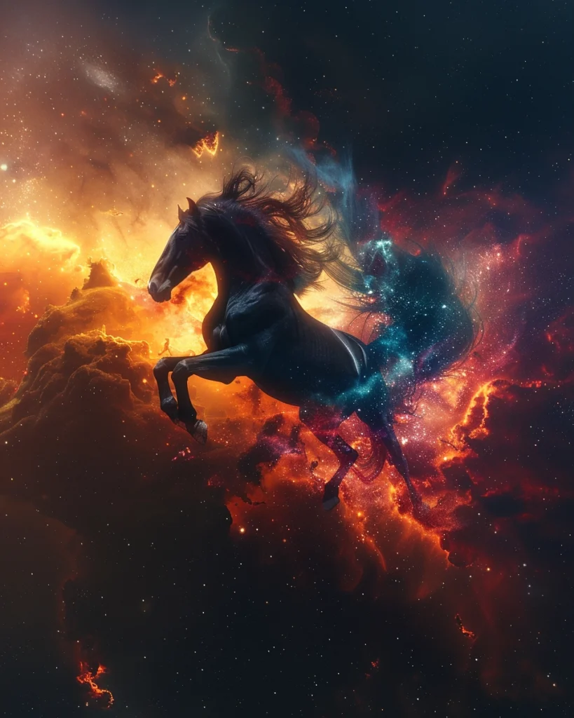 a magical horse jumping passing throug the nebula hyper realistic ultra high detailed uhd magical 32