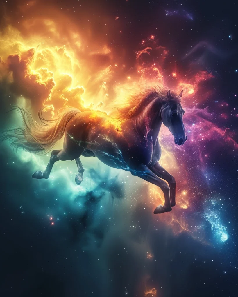 a magical horse passing out through the nebula with lighting, neon, futuristic, bright light, eye catching colors, hyper realistic, ultra high detailed, uhd, magical,