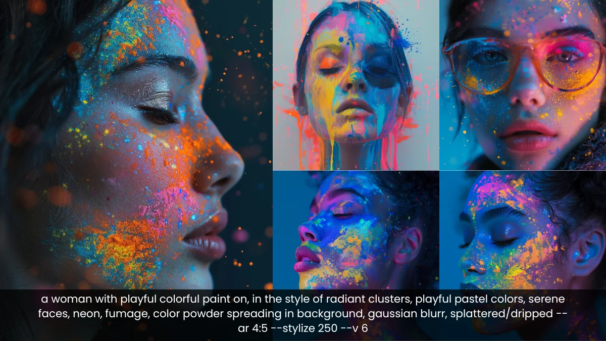 closeup shot of a woman with color on her face midjourney ai v6