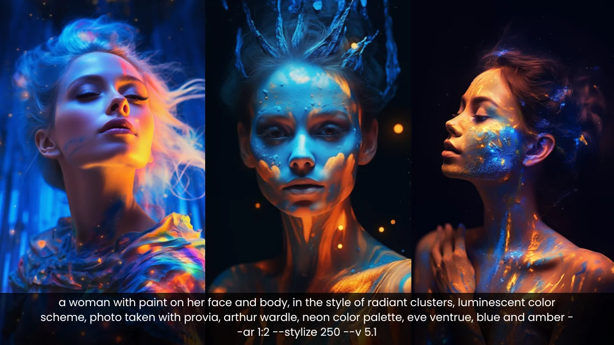 closeup shots of woman with enchanting playful colors splash on her face and body midjourney v6
