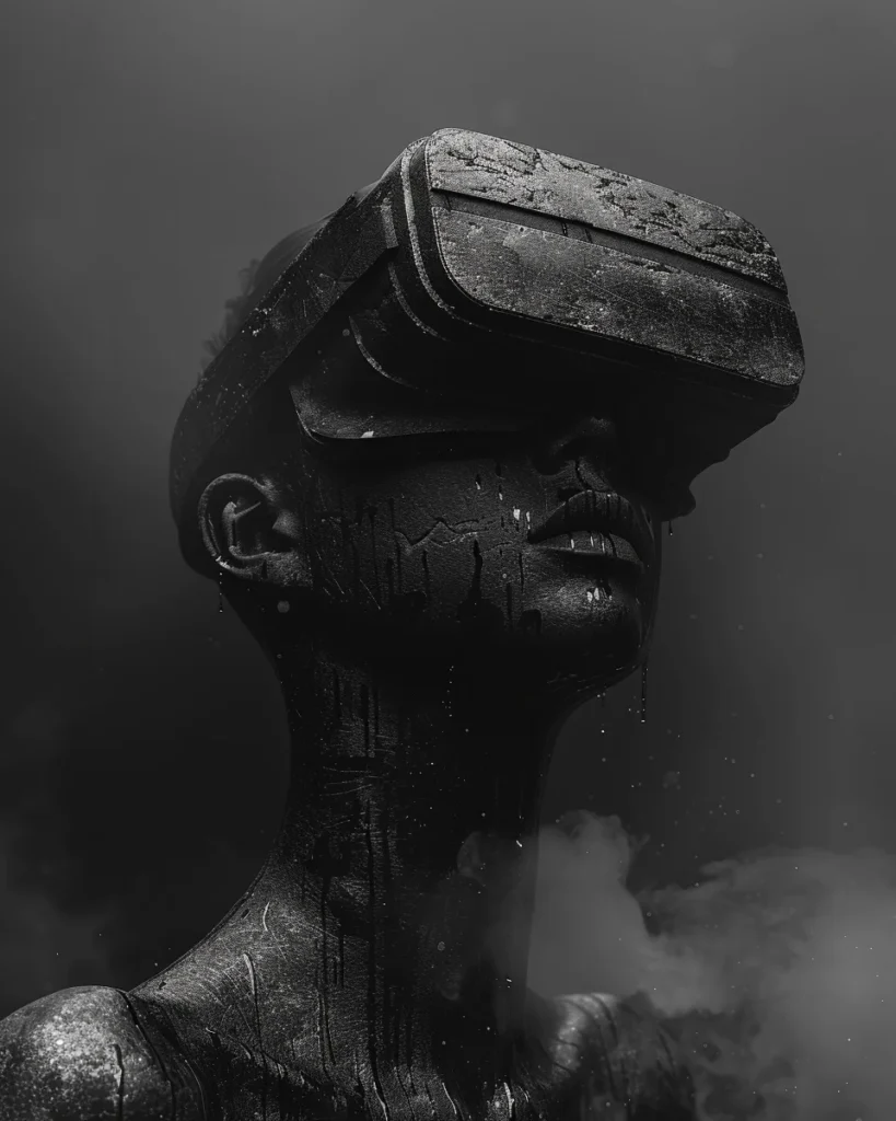 Black charcoal statue wearing futuristic vr goggals ai generated art using midjourney v6