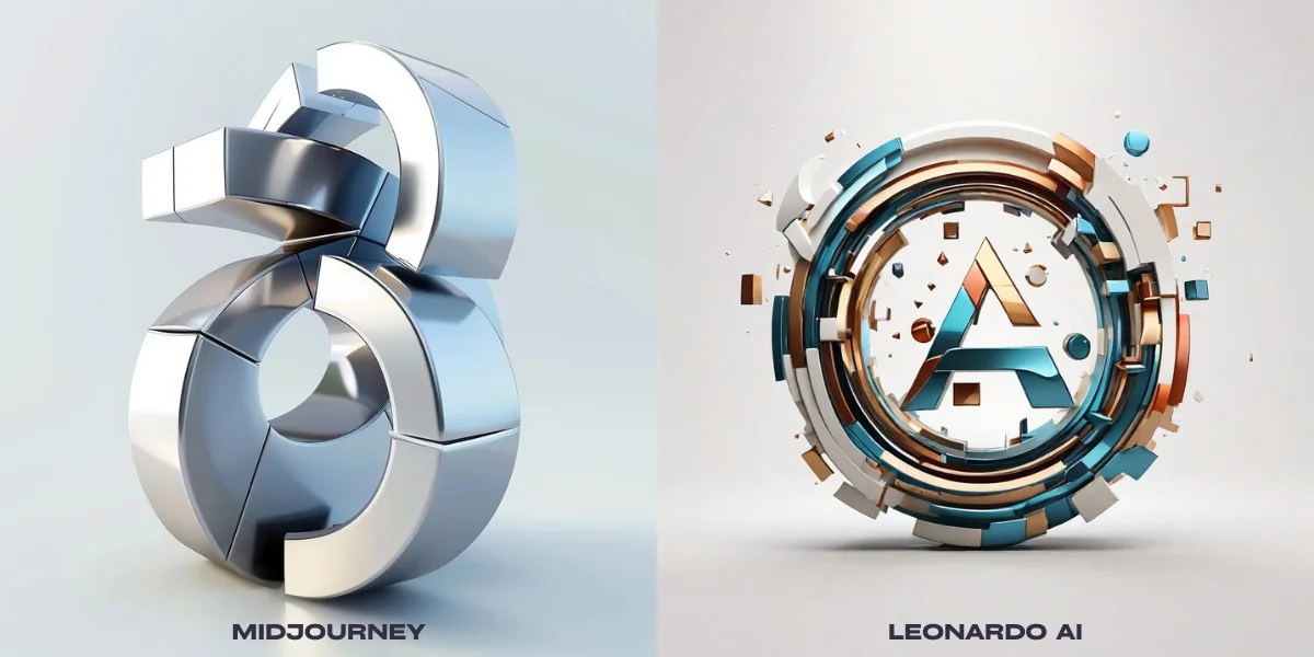An image showcasing a 3D logo design for a tech business, created using Midjourney and Leonardo AI.