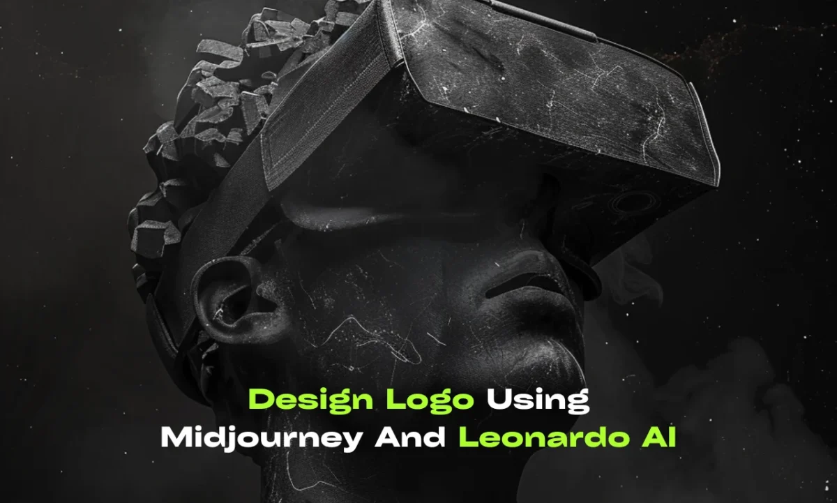 An image featuring a futuristic logo design created with Midjourney and Leonardo AI, set against a backdrop of a black statue wearing futuristic VR goggles