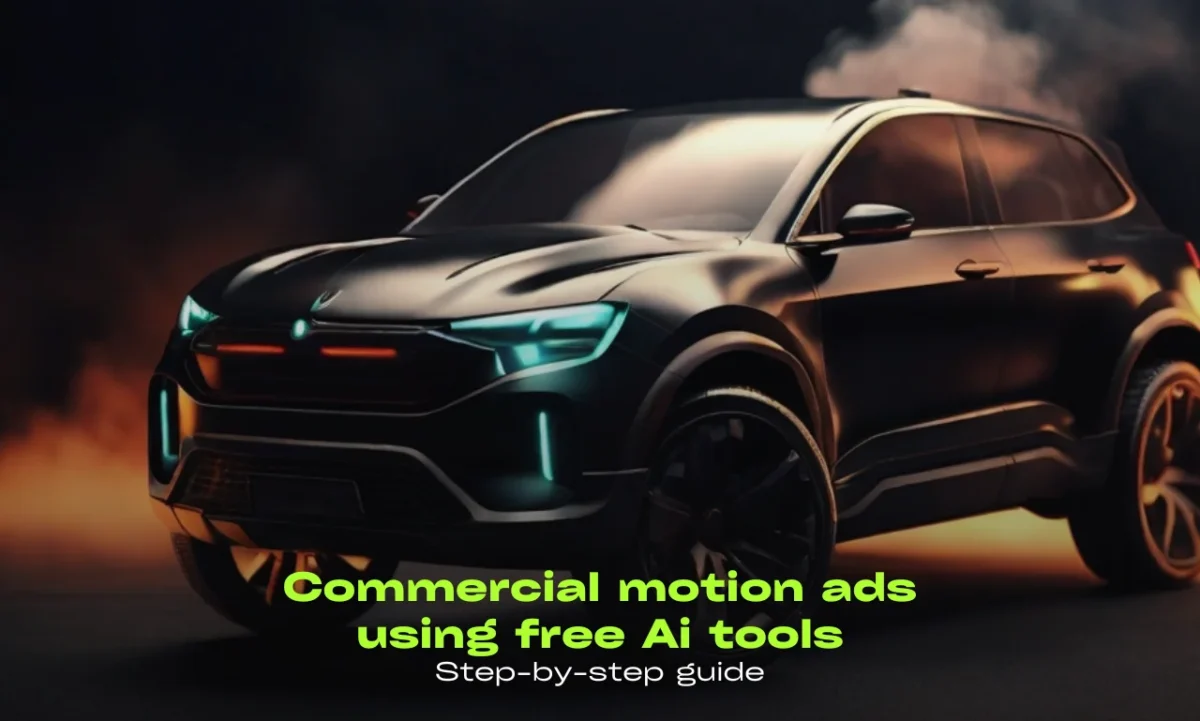 the bmw concept car is shown in this image with text overlay Commercial motion ads using free Ai tools Step-by-step guide