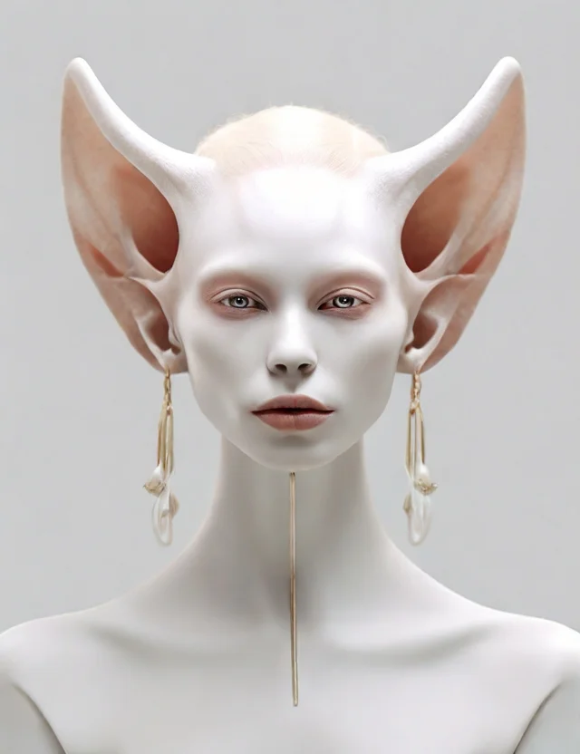 Front-facing view of a stunning albino with celestial and alien-like features ai generated