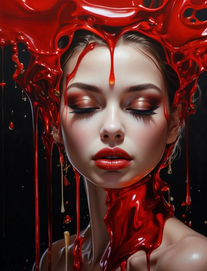 Liquid dripping down the face of a beautiful woman, creating hyper-realistic imagery