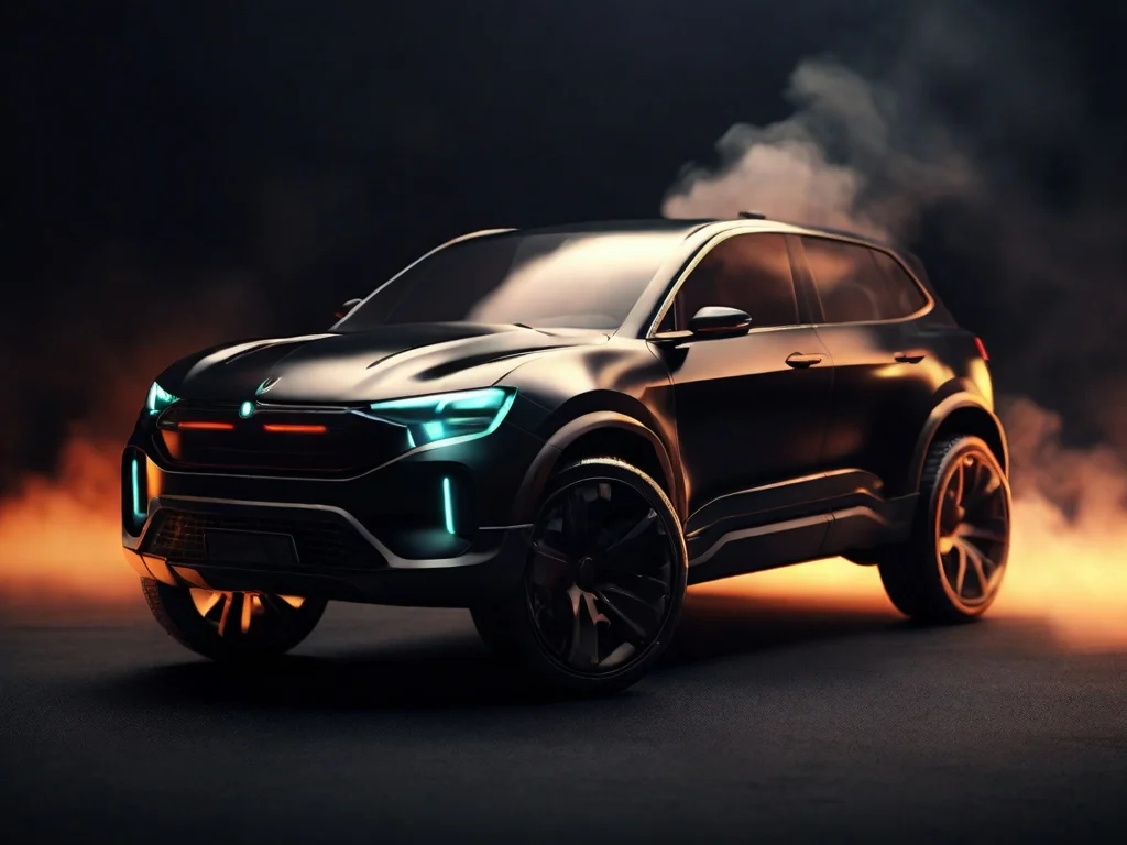 Futuristic black electric SUV emitting smoke in a dramatic environment ai generated