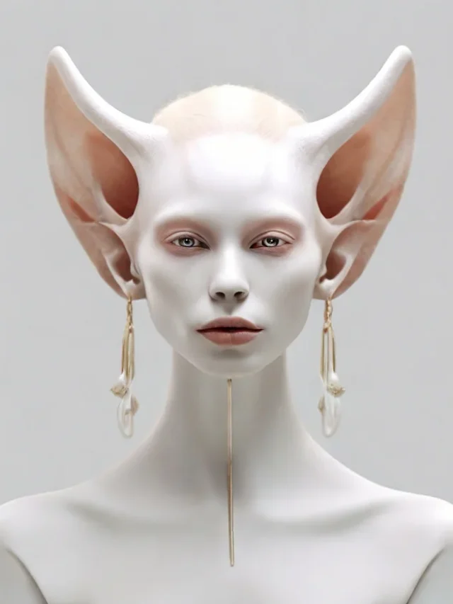 Front-facing view of a stunning albino with celestial and alien-like features ai generated
