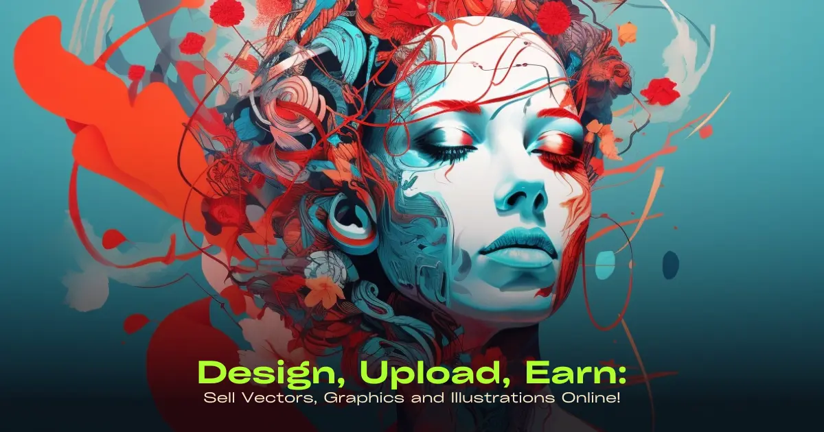 Colorful illustration of a woman with abstract shapes and text overlay Design, Upload, Earn_ Turn Your Designs into Cash with Online Sales! showing ways to sell vectors, illustrations, graphics, ai images online
