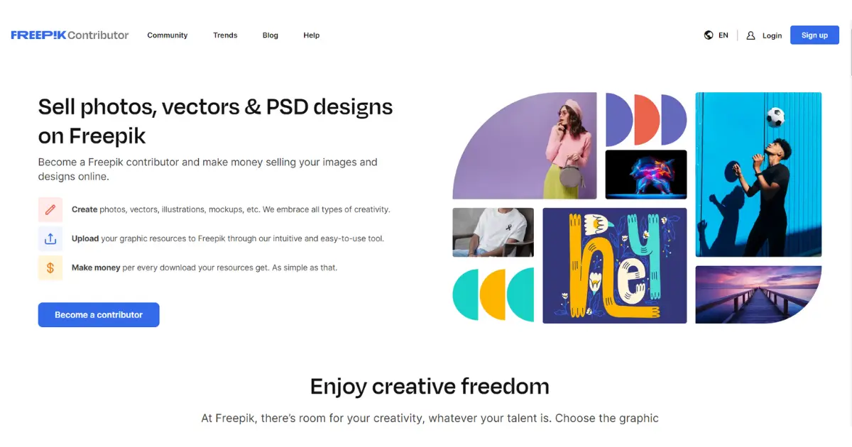 Freepik Contributor Interface screenshot, sell vectors, illustrations, graphics, ai images online