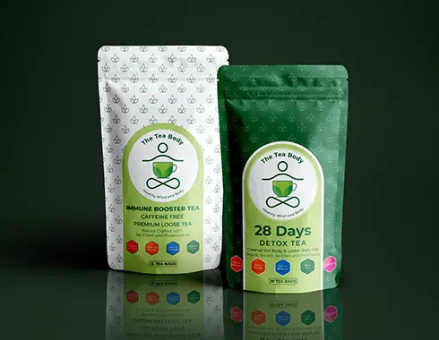 minimalist organic tea pouch packaging design mockup on black background